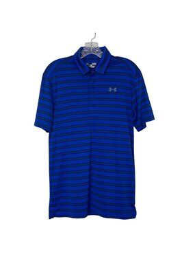 Under Armour Golf Polo Shirt Mens Small Blue Black Loose Fit Striped Summer Casu